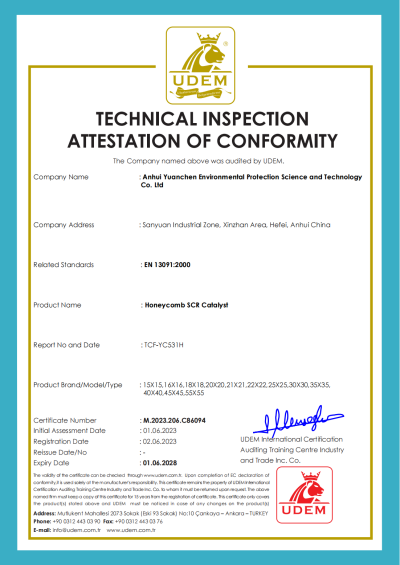 CE Certificate: Honeycomb SCR Catalyst